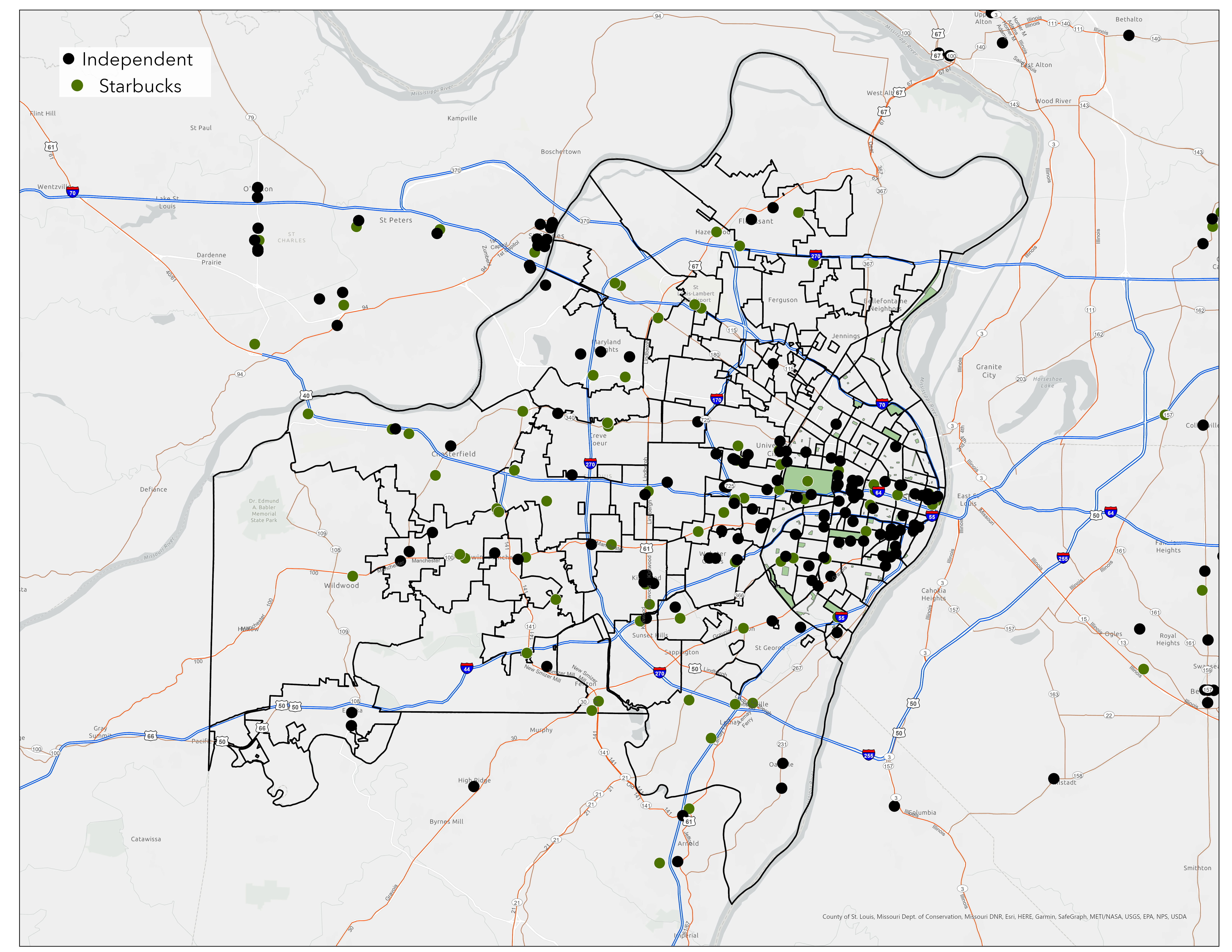 Independent coffeeshop locations in Saint Louis region