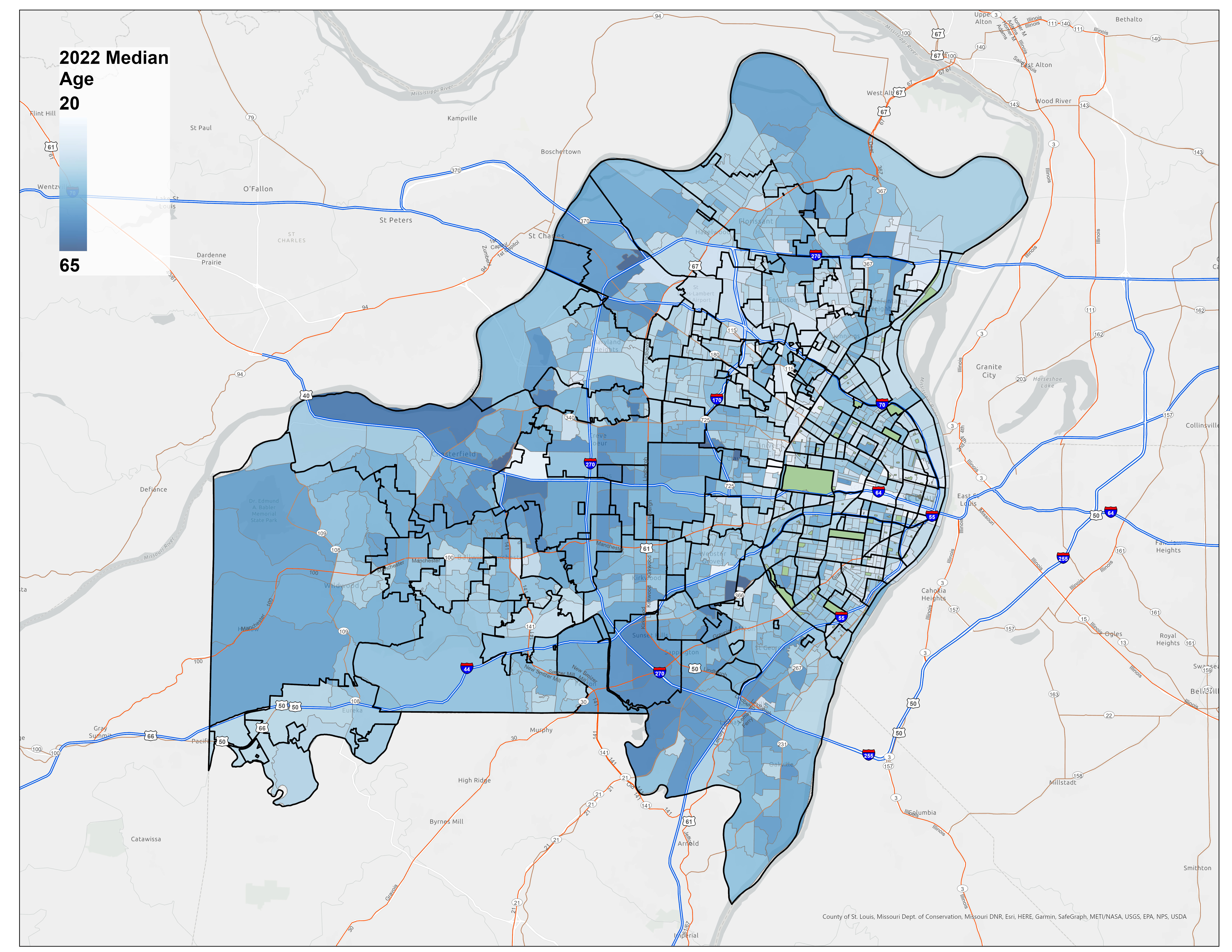 Median age distribution by census block