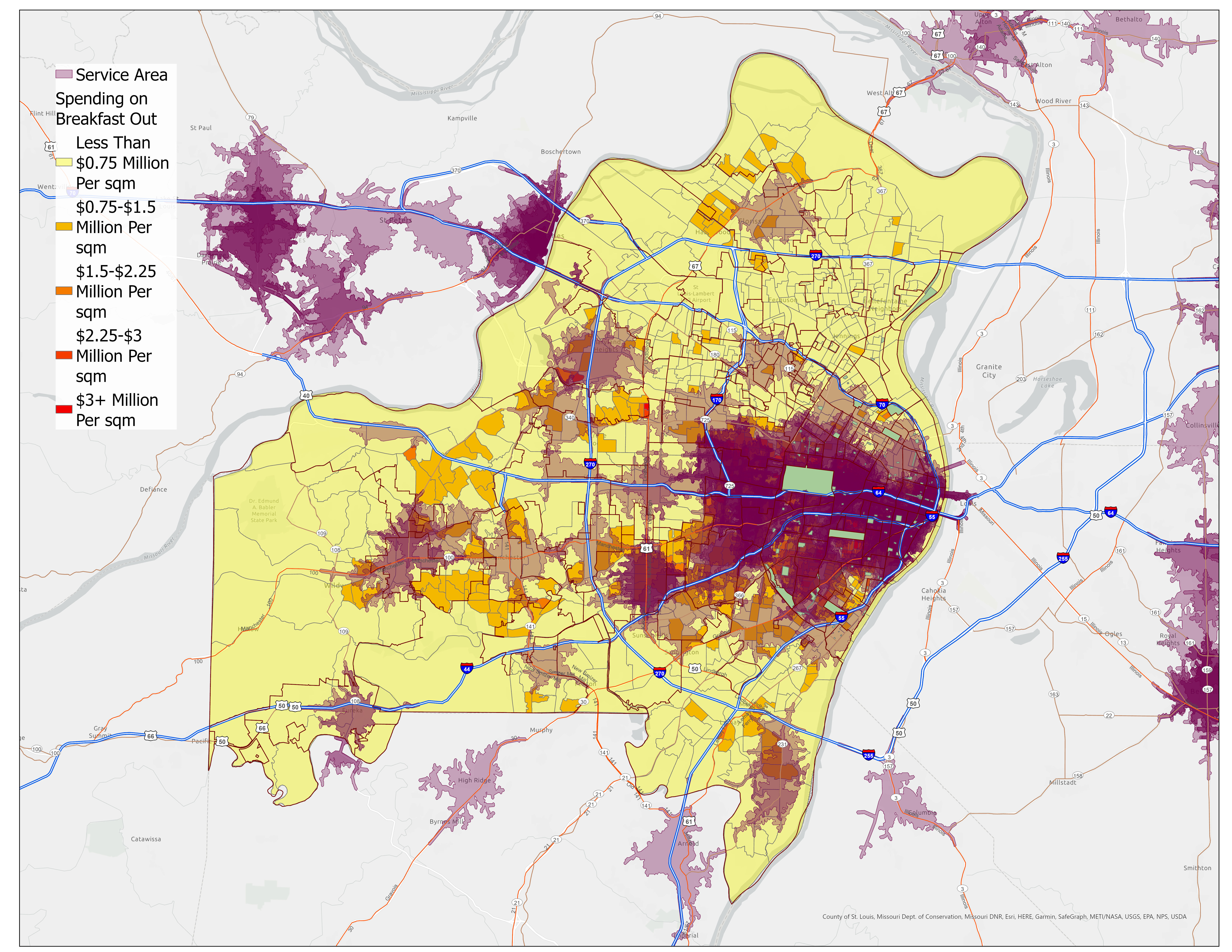 Service area coverage overlaid on spending data