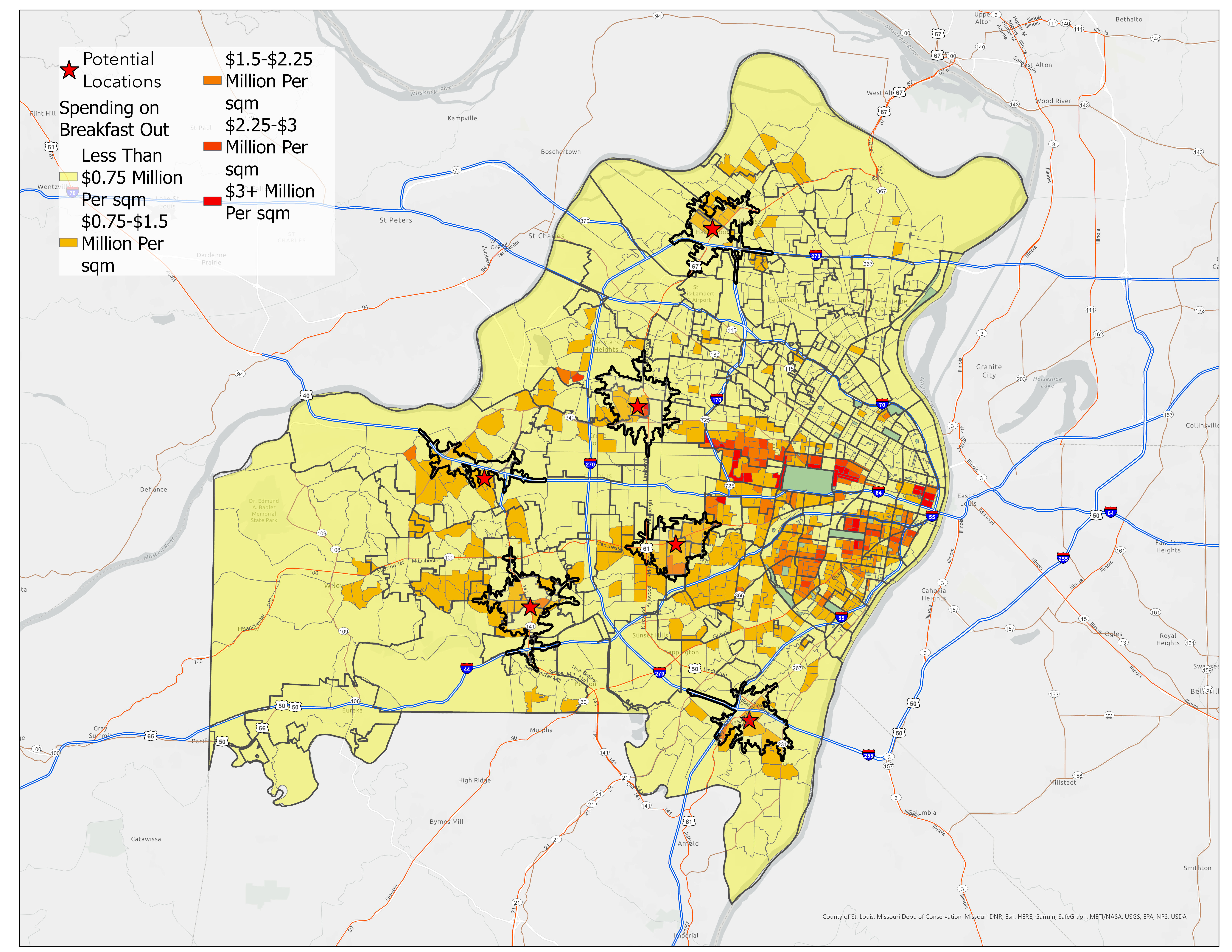 Potential sites overlaid on breakfast spending